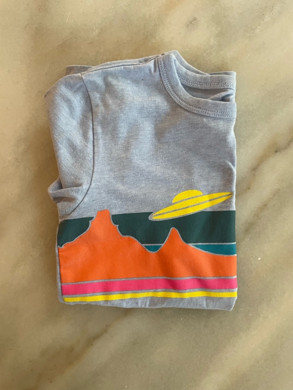 Crewcuts Grey Tee with Orange Desert, Yellow UFO & Teal Stripe size 6/7